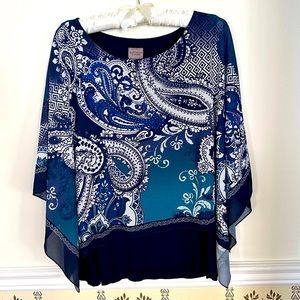 Chicos Handkerchief Blouse Size 1 Attached Tank Top Stretch Short Sleeve M Blue